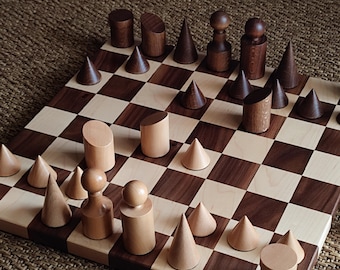 Handmade Walnut & Maple Wooden Chess Set, Minimalist Design