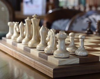 Walnut chess set, Handmade chess pieces, SGW chess board and pieces with walnut and chestnut, Large chess set, Luxury gift for him