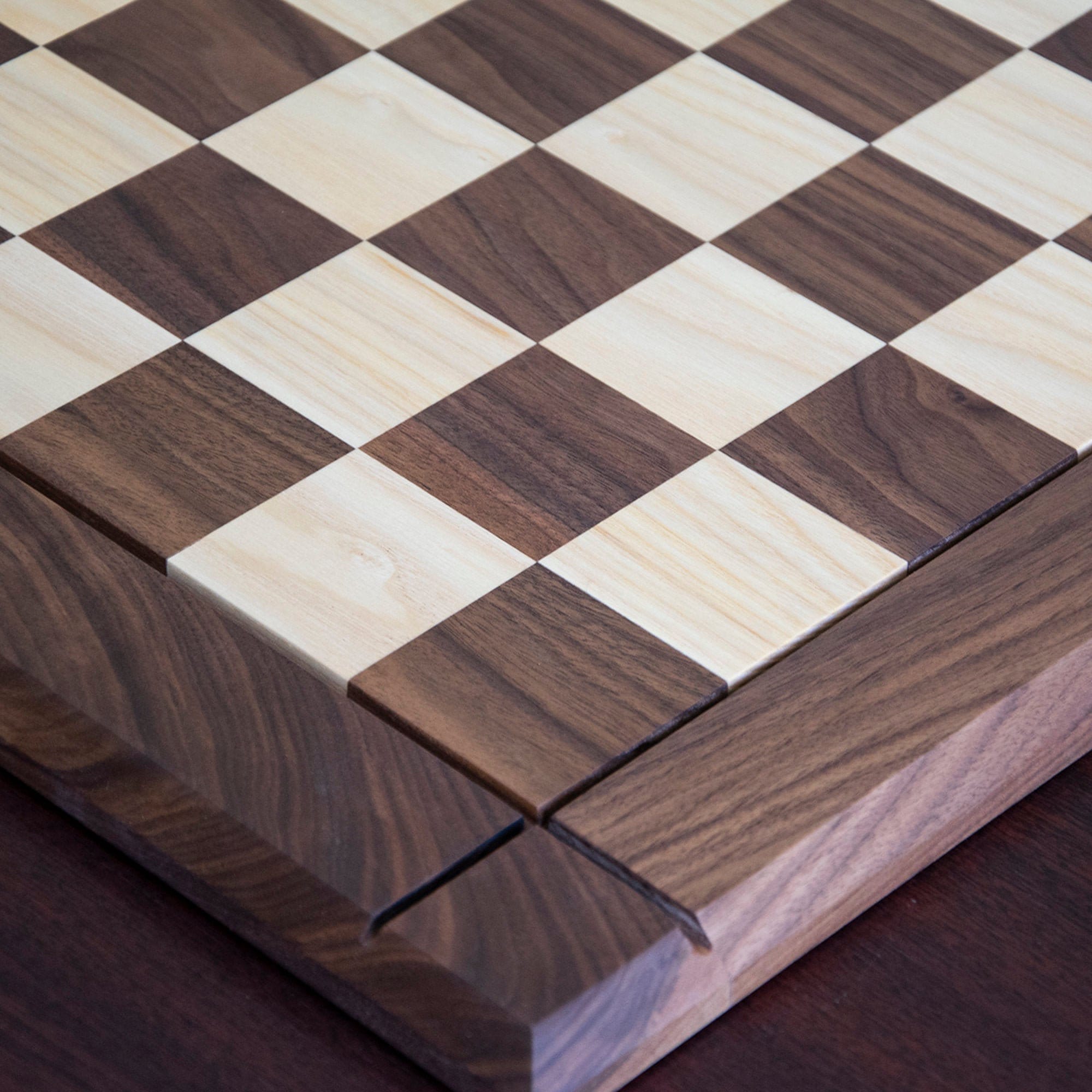 Sweet Hill Wood Chess Boards. Walnut and Maple Chess Board - 3 inch squares  - curly maple accent frame