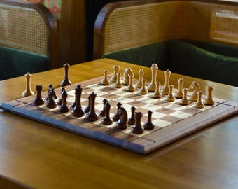 Drueke chess set, Handmade chess pieces and Drueke chess board with the same woods, Walnut and maple set, Large chess, Luxury gift for him