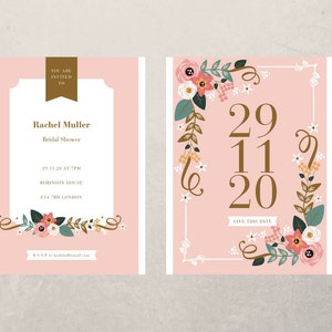 Bridal Shower Digital Invitation Pink Floral with Gold Accents Girly Pretty Invitation
