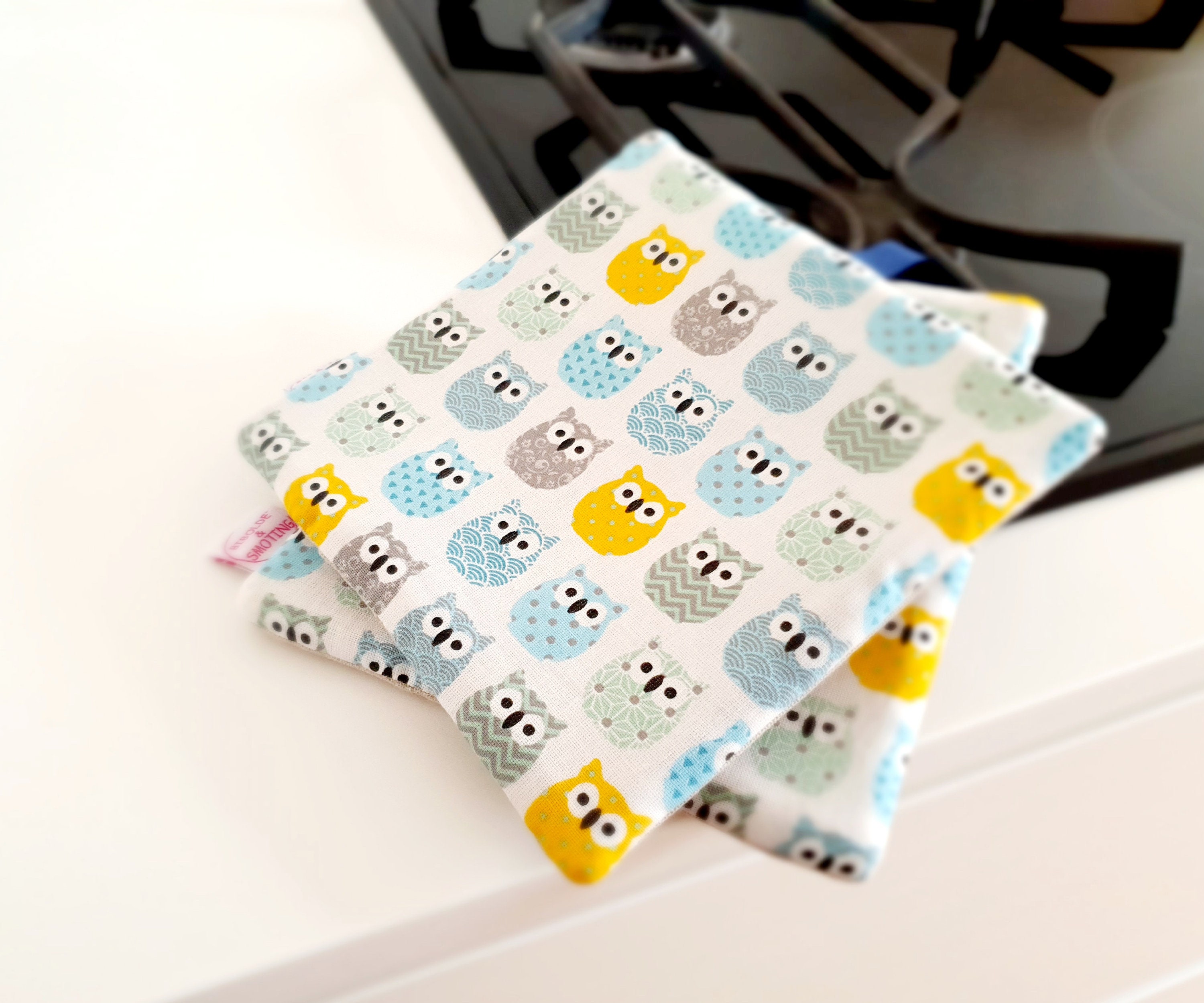 Manique Cuisine Lin et Coton Bleu Jaune Imprimé Hibou, Idée Cadeau Pour Un Cuisinier, Gant de Cuisin