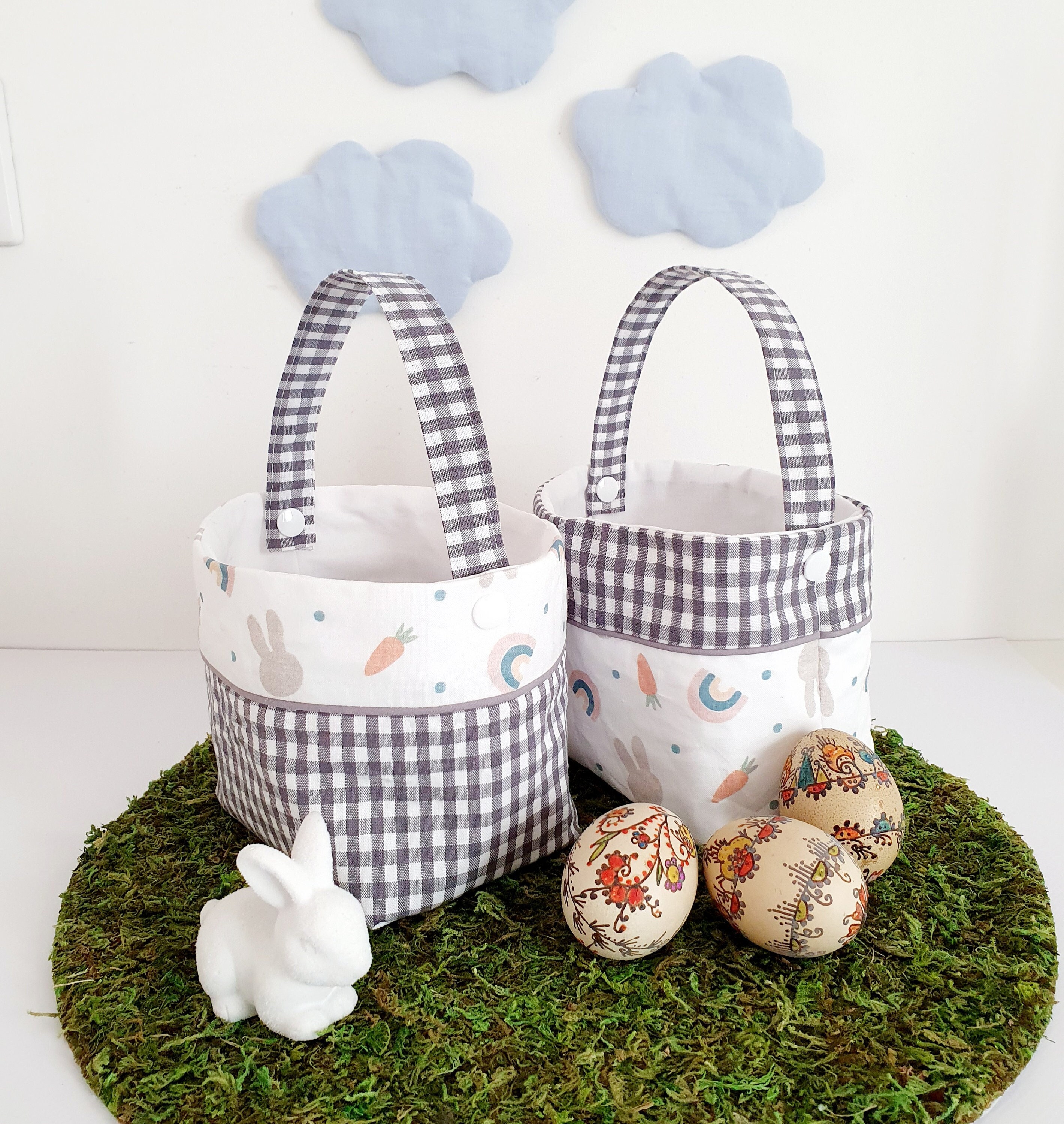 Panier de Pâques Enfant Bébé Imprimé Lapin et Vichy Gris Pour Décoration Chambre Enfant