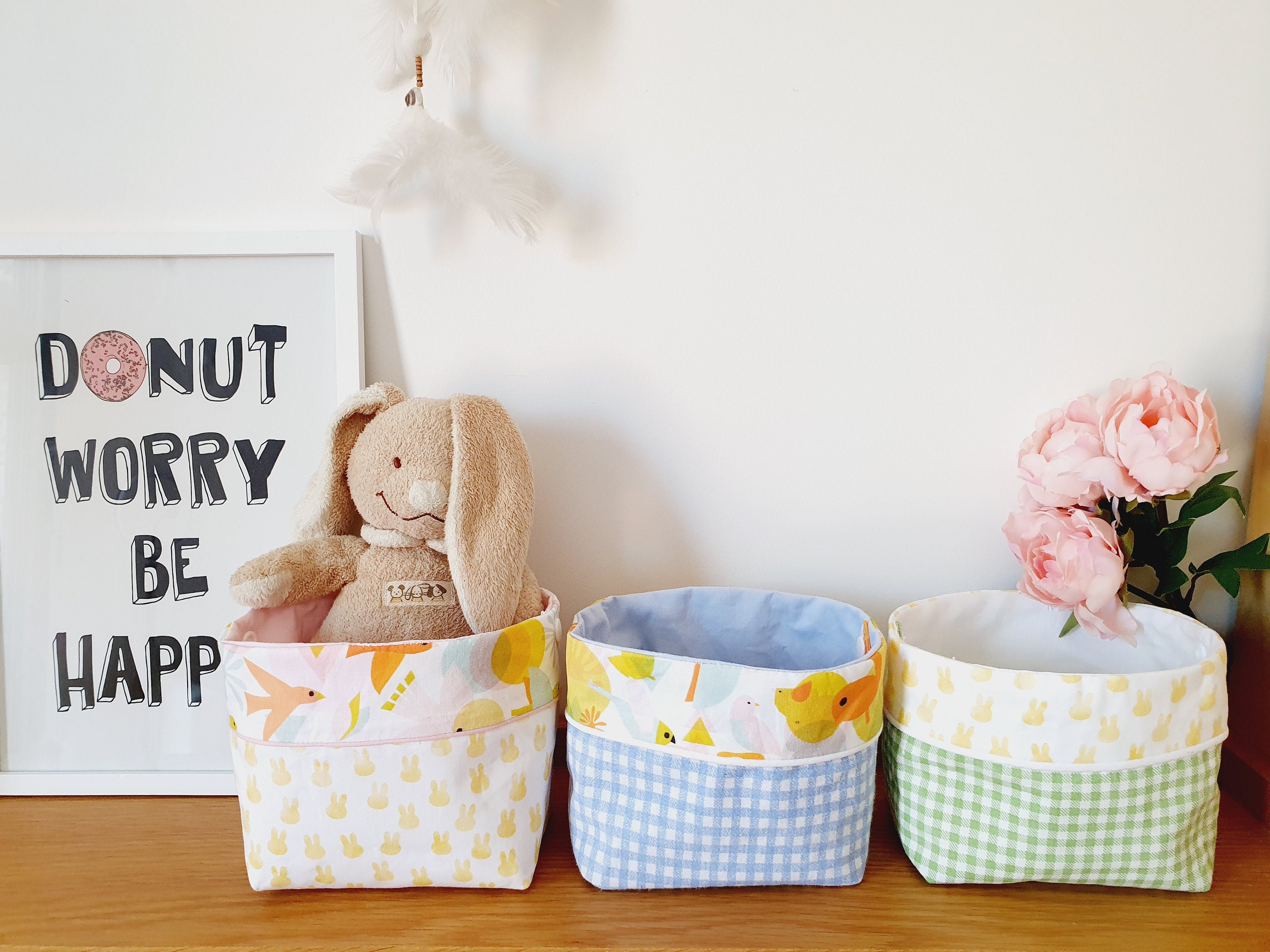 Panier de Pâques Enfant Bébé Couleur Pastel et Vichy Pour Chasse Aux Oeufs Décoration Chambre Enfant