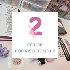 May include: A white square with the text "COLOR BOOKISH BUNDLE" and a large pink number 2 decorated with floral accents. The image includes a book tracker, stationery, and other book-related accessories.