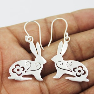 Solid 925 Sterling Silver Bunny Earrings Floral Rabbit Dangle Earrings Handmade Animal Jewelry Gift For Women