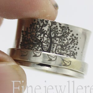 Tree of Life Ring, 925 Sterling Silver Ring, Spinner Ring, Ring for Women, Nature Meditation Wide Band, Anxiety Worry Fidget jewelry