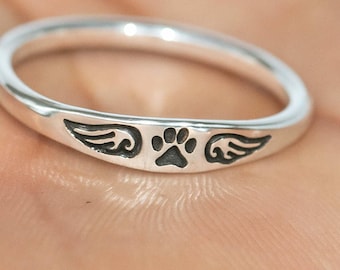 Paw Print Ring: 925 Sterling Silver Angel Wings Memorial Jewelry