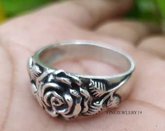 Handmade Oxidized Sterling Silver Rose Ring: Vintage Floral Band
