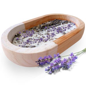 ALOBYC Wood Dough Bowl Candle with Lavender Scent and dried Lavender, Aromatherapy Benefits, 3-Wick, Made in USA,Size L10&quot; x H6&quot;, 16 oz.