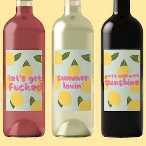 3 Summer Party Wine Labels | Instant Download | 3 x Summer BBQ Party Wine Bottle Labels | Summer Party Decor | Wine Gift, Lemons, Sunshine