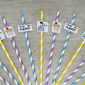 Friends Party Paper Straws | 12 Pack | Striped Purple Yellow Blue White | Eco-Friendly | Friends Themed Decorations | Graduation | Birthday