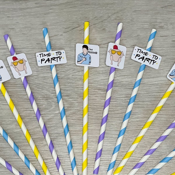 Friends Party Paper Straws | 12 Pack | Striped Purple Yellow Blue White | Eco-Friendly | Friends Themed Decorations | Graduation | Birthday