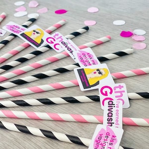 Gemma Collins Paper Straws | 12 Pack | The GC Party Decorations | Striped Pink & Black | GC Quotes | Essex, Diva, Hun | Hen Do | Birthday