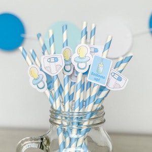 Boy Baby Shower Paper Straws | 12 Pack | Striped White & Blue | Eco-Friendly | Funny Adult Decorations | It&#39;s A Boy | Baby Boy Party
