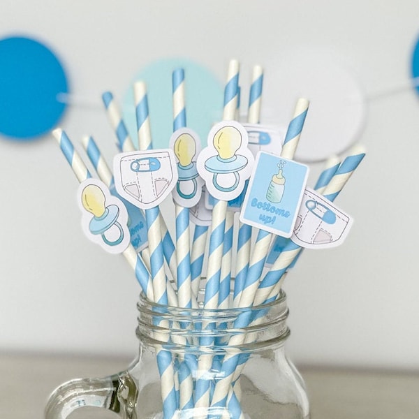 Boy Baby Shower Paper Straws | 12 Pack | Striped White & Blue | Eco-Friendly | Funny Adult Decorations | It's A Boy | Baby Boy Party