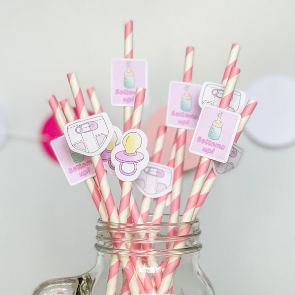 Girl Baby Shower Paper Straws | 12 Pack | Striped White & Pink | Eco-Friendly | Funny Adult Decorations | It's A Girl | Baby Girl Party