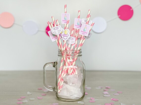 Girl Baby Shower Paper Straws | 12 Pack | Striped White & Pink | Eco-Friendly | Funny Adult Decorations | It's A Girl | Baby Girl Party