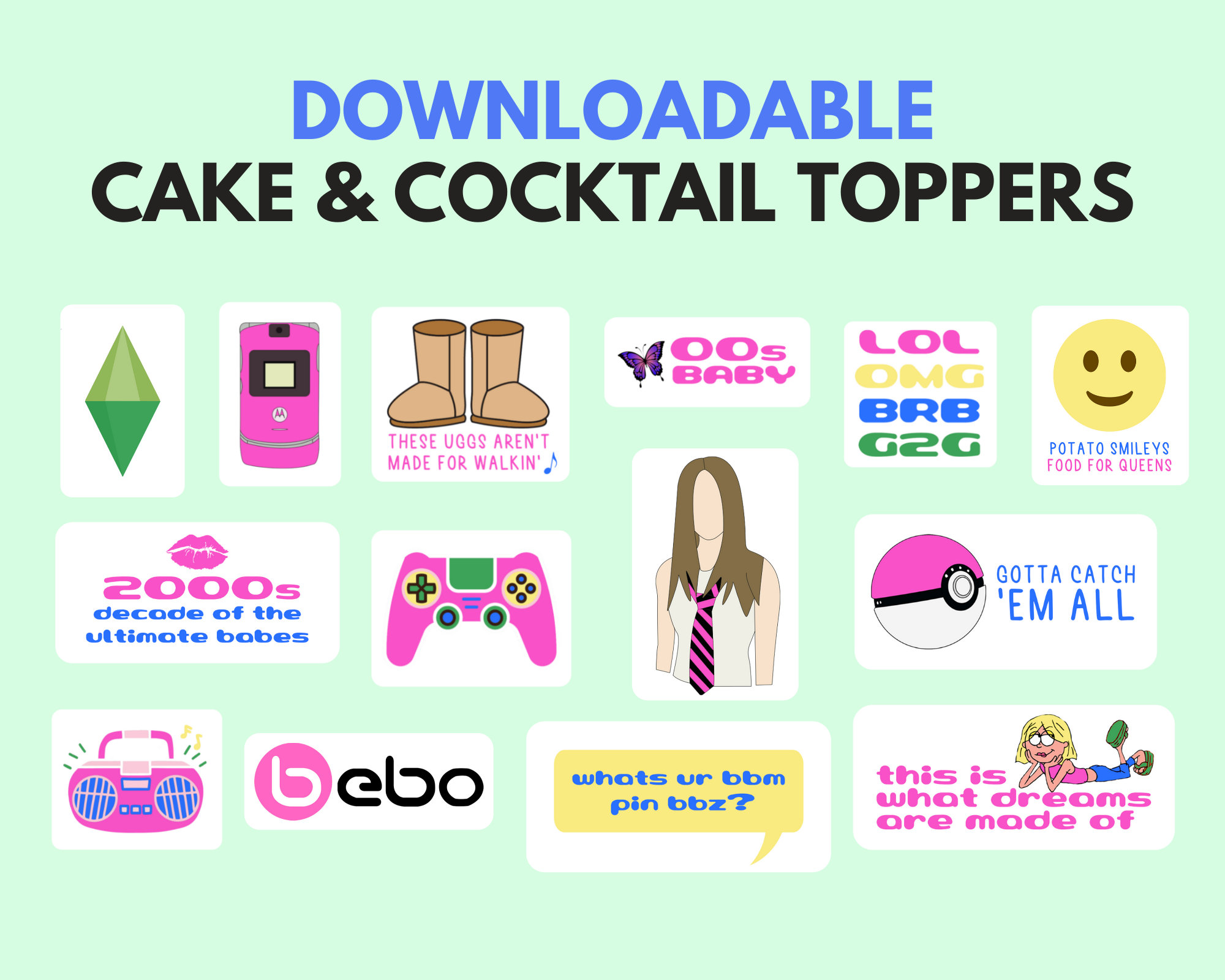Printable Y2K Party Cocktail Toppers / Cake Toppers Instant 