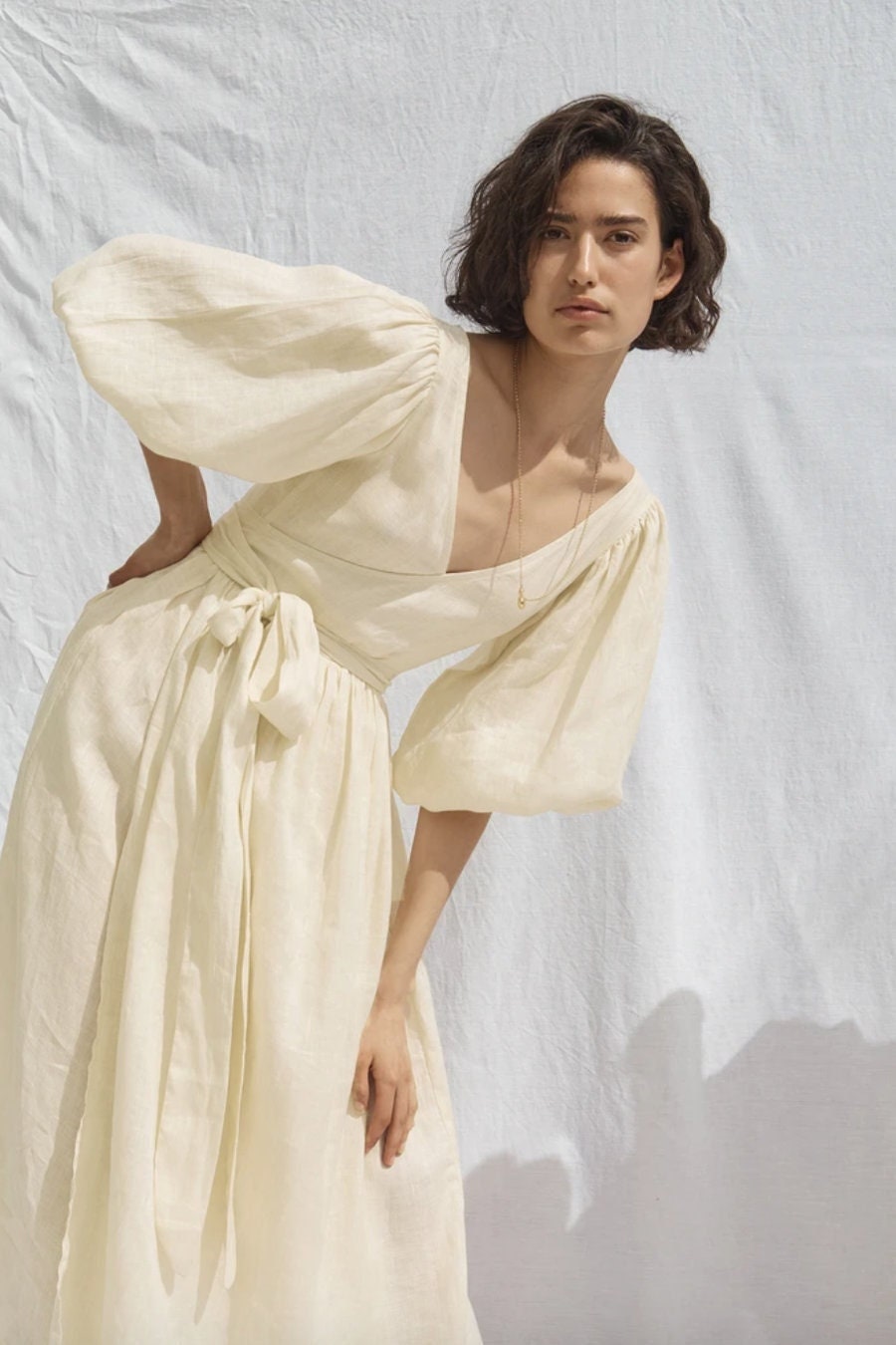 Puff Sleeves Linen Wrap Dress / Beige / Minimalist Midi Dress - Etsy