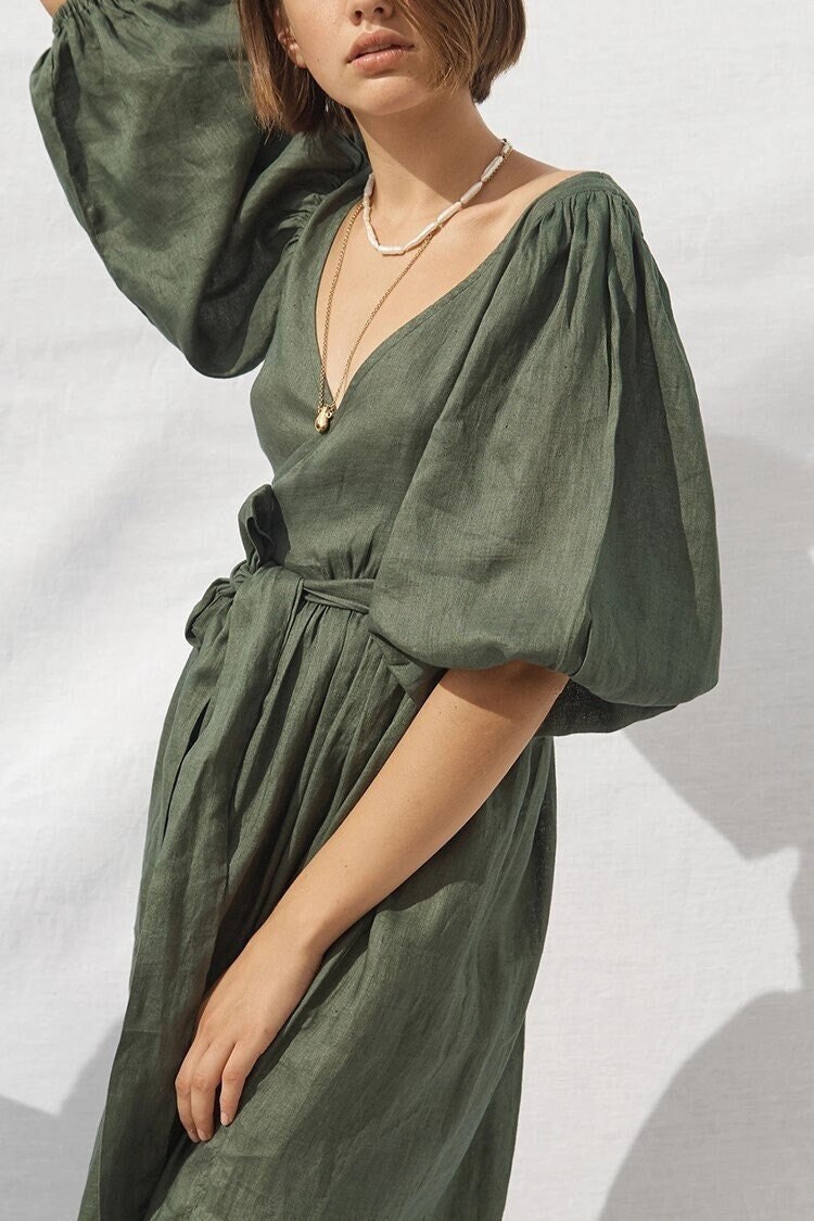 Puff Sleeves Linen Wrap Dress / Sage Green / Minimalist Midi - Etsy