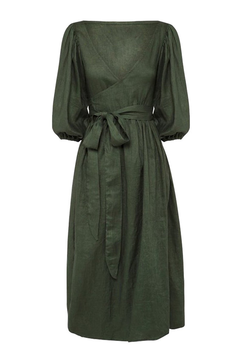 Puff Sleeves Linen Wrap Dress / Sage Green / Minimalist Midi Dress ...