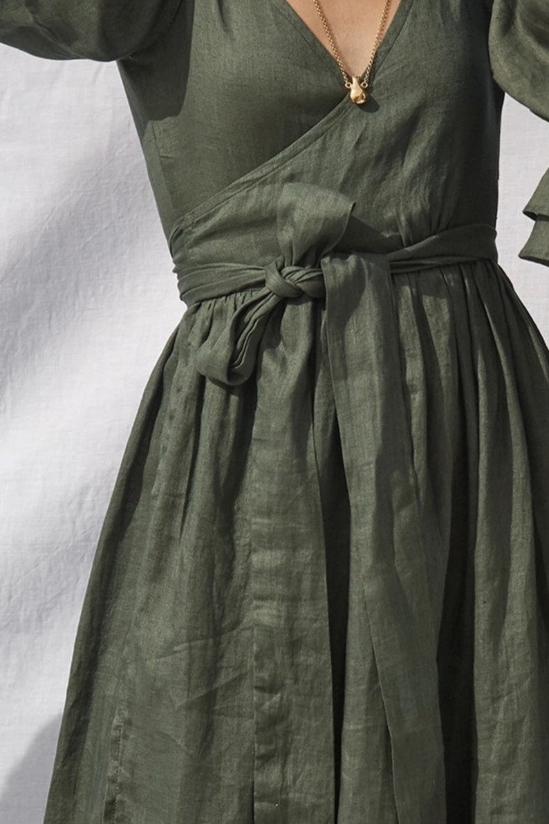 Puff Sleeves Linen Wrap Dress / Sage Green / Minimalist Midi Dress ...
