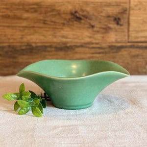 May include: A light green ceramic bowl with a scalloped rim. The bowl has a smooth, glossy finish and is set on a white surface. A small sprig of green leaves is placed near the bowl.