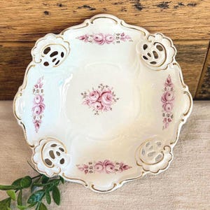 Vintage Weimar Barbarina Reticulated Porcelain Footed Bowl, Pink Rose & Gold Gilt Candy Dish, German Fine China Trinket Dish, Valentines