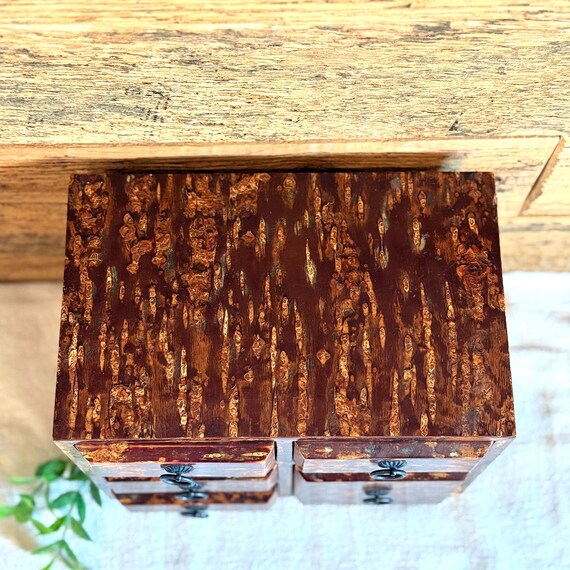 Vintage Japanese Sewing Box, Wooden Haribako, Miniature Tansu Chest, Jewelry Storage, Rustic Home Decor, Collectible Gift, Cherry Wood Bark View 6