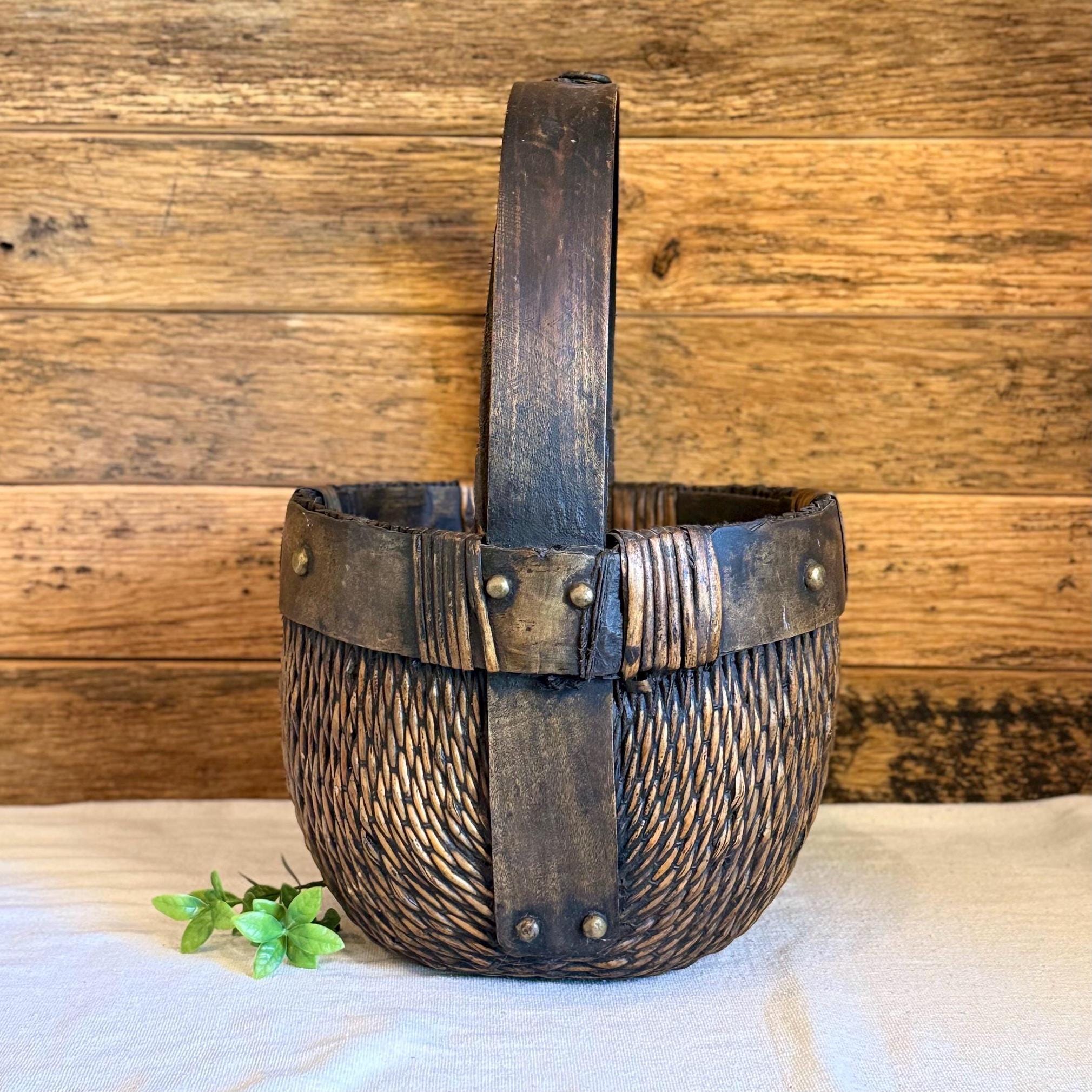 Willow Rice Vintage Chinese Hand-woven Willow Rice Basket With Bent Wood Handle ...