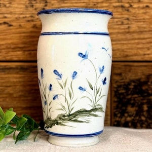 Hand-Painted Floral Ceramic Vase with Blue Flowers and Birds, Farmhouse, Cottagecore, Unique Hand Built Pottery Centerpiece, French Country