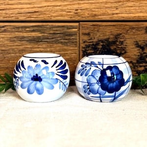 Set of 2 Vintage Blue & White Porcelain Tea Light Holders,  Floral Orb Candle Pair, Small Table Decor, Simple Elegant Ambiance, Center Piece