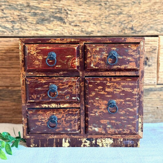 Vintage Japanese Sewing Box, Wooden Haribako, Miniature Tansu Chest, Jewelry Storage, Rustic Home Decor, Collectible Gift, Cherry Wood Bark View 2