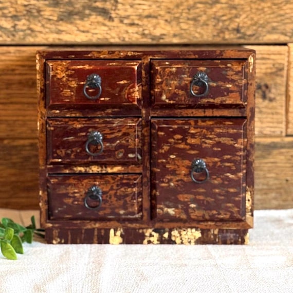 Vintage Japanese Sewing Box, Wooden Haribako, Miniature Tansu Chest, Jewelry Storage, Rustic Home Decor, Collectible Gift, Cherry Wood Bark