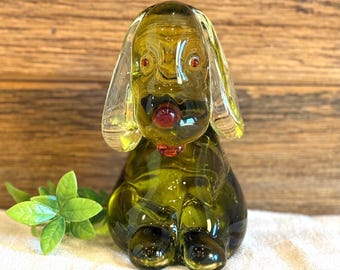 Vintage Art Glass Hound Dog Sculpture, Murano Style, Green, Clear, and Red, Paperweight, Retro, Midcentury Modern Home/Office Decor, Animal