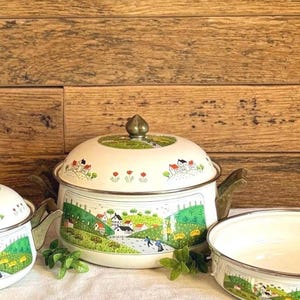 Vintage Newcor Regency Cookware Set, Enamel Dutch Ovens & Pan, Country Village Farm Scene, Brass Handles, Retro Kitchen Decor, Farmhouse