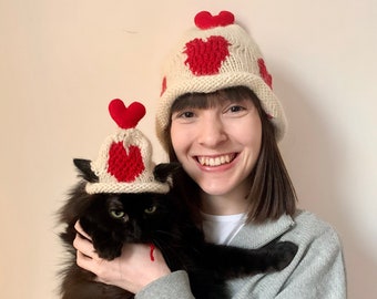 MATCHING PAIR - Hand Knitted Valentine’s Cat Hat with Matching Hat for Owner