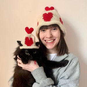 MATCHING PAIR - Hand Knitted Valentine’s Cat Hat with Matching Hat for Owner