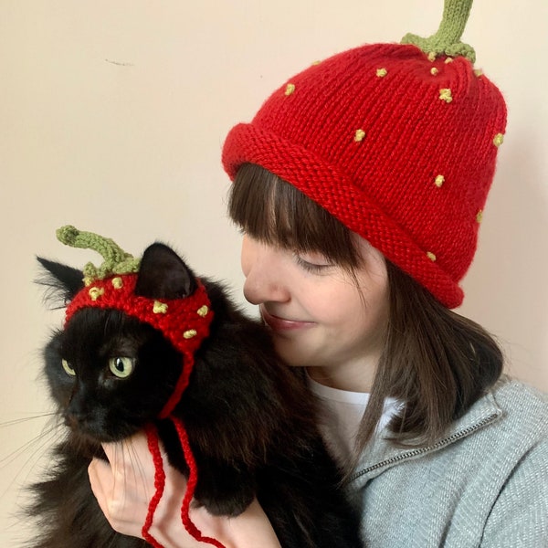 MATCHING PAIR - Hand Knitted Strawberry Cat Hat with Matching Hat for Owner