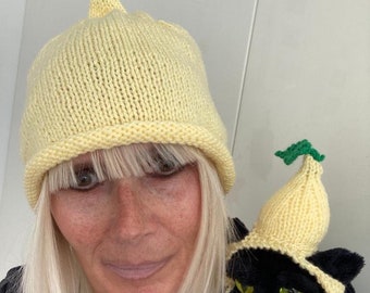 MATCHING PAIR - Hand Knitted Lemon Cat Hat with Matching Hat for Owner