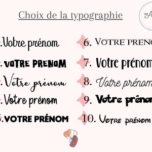 May include: A graphic showing 10 different font styles for the word "Your Name" in French. The text "Choix de la typographie" is at the top of the image.
