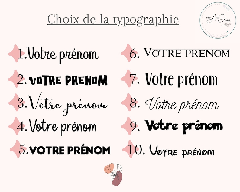 May include: A graphic showing 10 different font styles for the word "Your Name" in French. The text "Choix de la typographie" is at the top of the image.