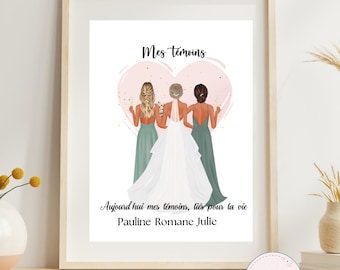 Affiche personnalisée cadeau de mariage, illustration personnalisée pour EVJF, témoin, demoiselle d'honneur, souvenir original pour mariée