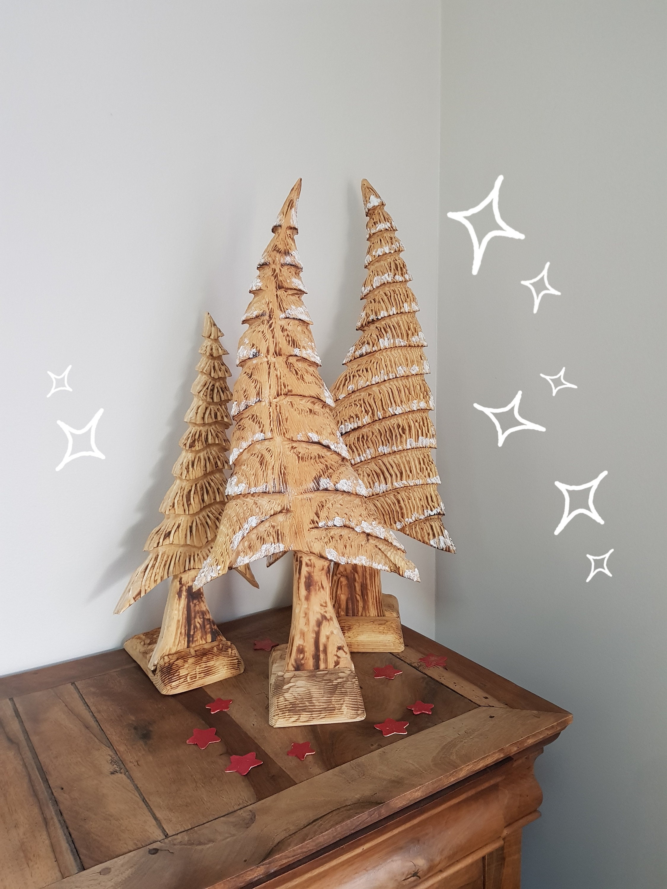 Sapin en Bois Naturel, Unique 100% Fait Main à Poser. Artisanale et Durable. Cadeau Original