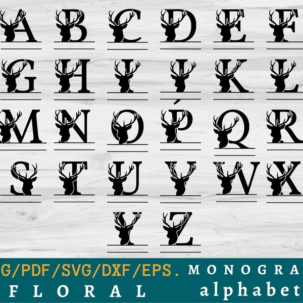 Split monogram deer SVG, Alphabet for deer,deer split alphabet svg, A-Z alphabet for deer,  Split deer letters SVG, hunter nurse svg