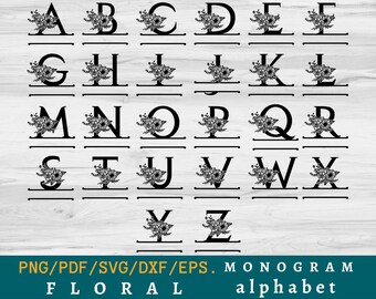 Alphabet flower SVG, Monogram Alphabet with flower, Split Alphabet SVG, Alphabet cut file, Initial Alphabet for DIY custom name