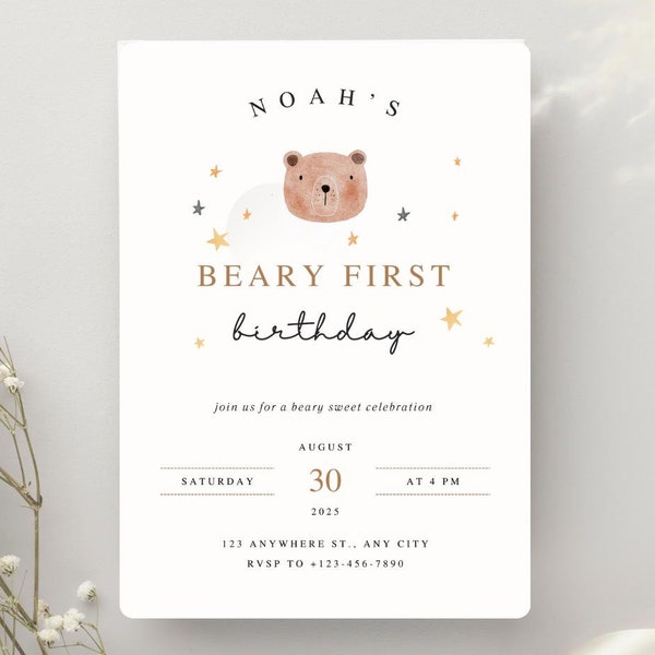 Beary First Birthday Invitation: Boho Bear Theme (Digital Download)