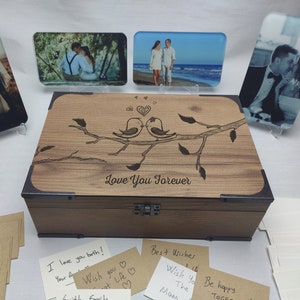 Hochzeits-Set für Liebesvögel, Box + Fotos + Wunschkarten + Stift, handgemachte Erinnerungsbox Geschenk für Paare, Goldenes Hochzeitsgeschenk-Bundle