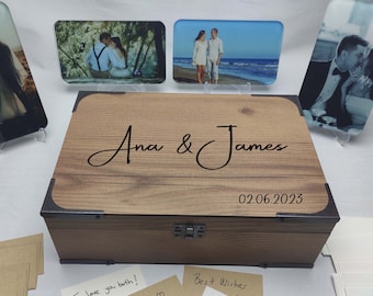 Wedding Box Set, Box + Photos + Wish Cards + Pen,Handmade Personalized Memory Box Present for Couples,Golden Custom Wedding Gift Bundle